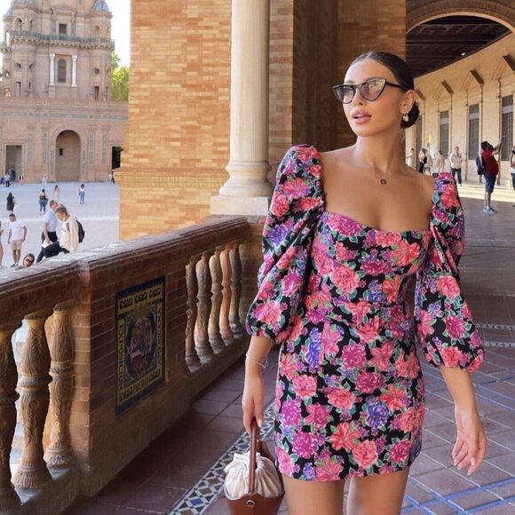 Zara Floral Mini Dress Small Puffed Sleeves Bloggers Favorite NEW - Picture 1 of 9